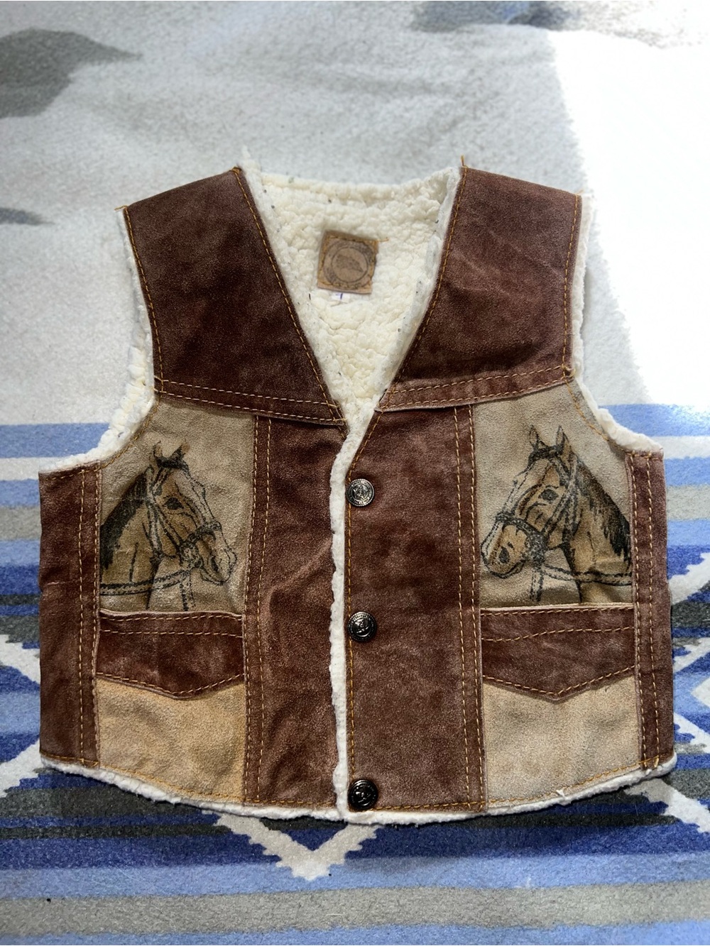 Vintage Handmade Kids Western Leather/Sherpa Vest Size 4 Horse & Rooster Design